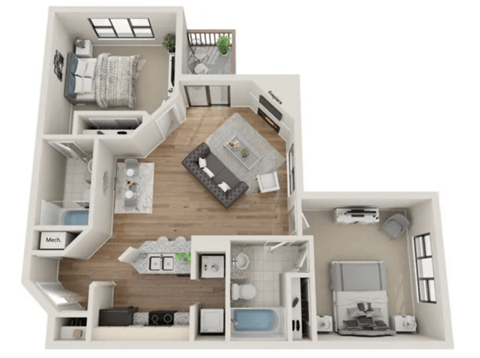 a 2 bedroom floor plan with a bathroom and a living room